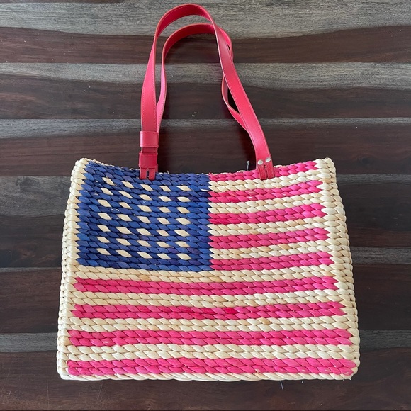 American Flag straw tote bag denim interior - Picture 2 of 8